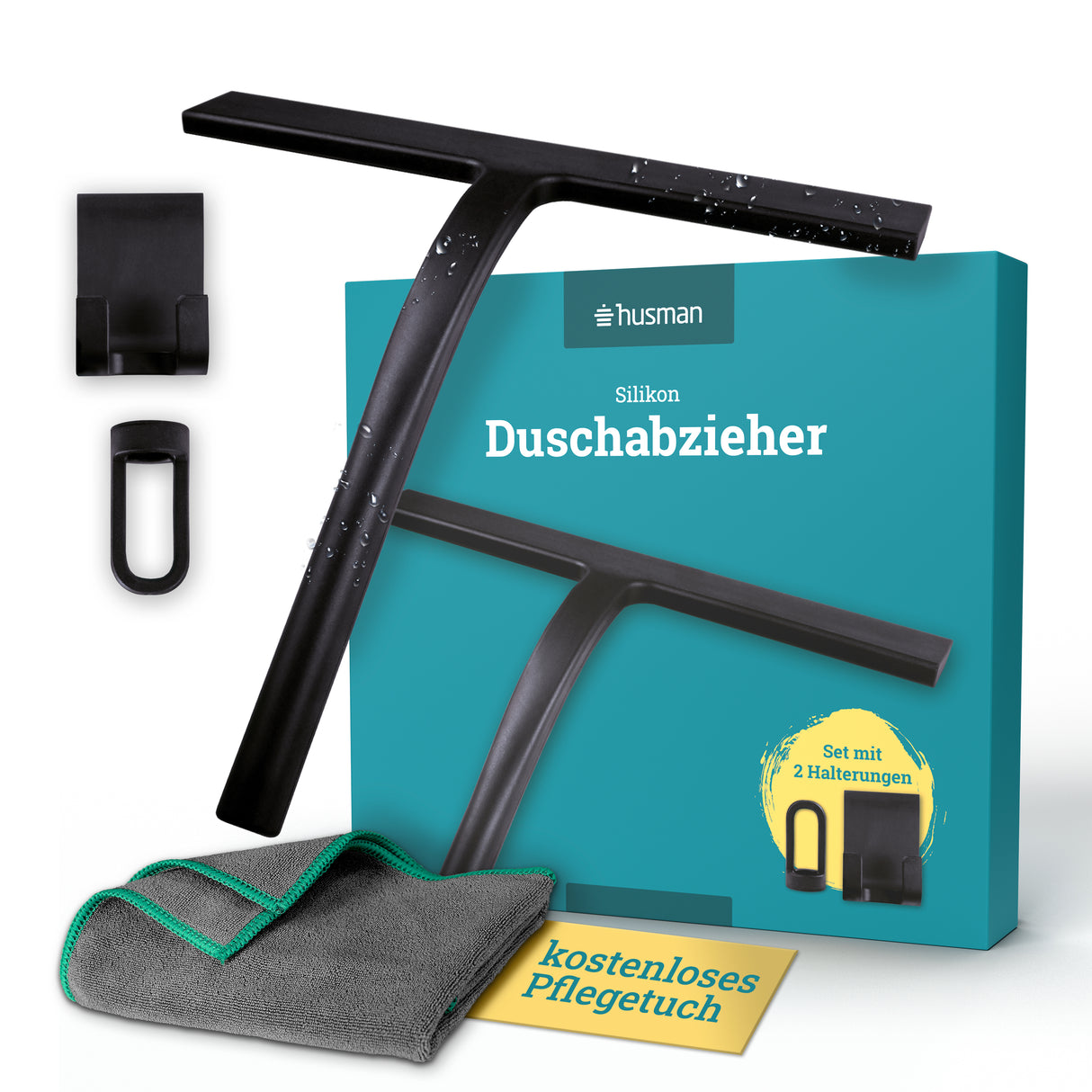 husman Silikon Duschabzieher schwarz | Abzieher Dusche Badezimmer Zubehör | Fensterabzieher Fensterwischer Set mit Halterung ohne Bohren für Duschwand | Fenster Scheibenabzieher Auto Bad Accessoires