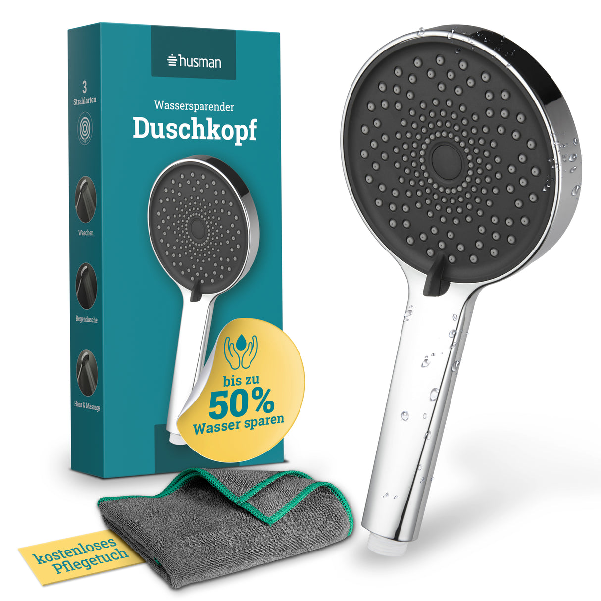 husman Wassersparender Duschkopf | Duschkopf wassersparend bis 50% | extragroß druckerhöhend Duschbrause Regenwalddusche Regenduschkopf Handbrause | Sparduschkopf Chrom