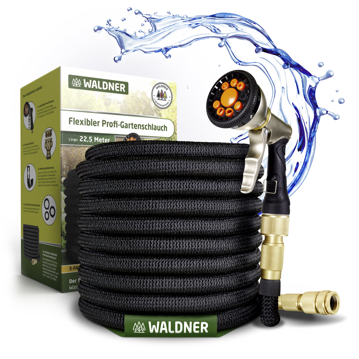 WALDNER Flexibler Profi-Gartenschlauch flexibel | Multifunktions-Brause | flex Wasserschlauch Schrumpfschlauch Garten | Wandhalterung Wasserhahn Adapter Gardena kompatibel | schwarz dehnbar 22,5m