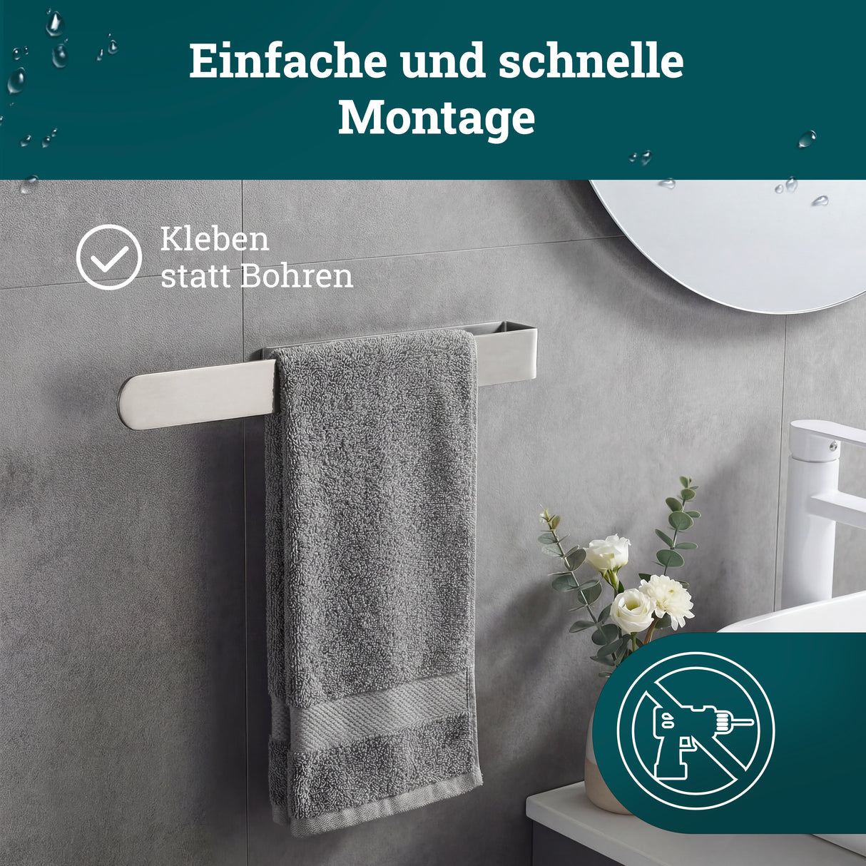 husman Handtuchhalter ohne Bohren | Edelstahl 37 cm | Handtuchstange zum Kleben für Bad & Küche | Handtuch Halterung Geschirrtuchhalter Spültuchhalter | Badezimmermöbel Badezimmer Deko
