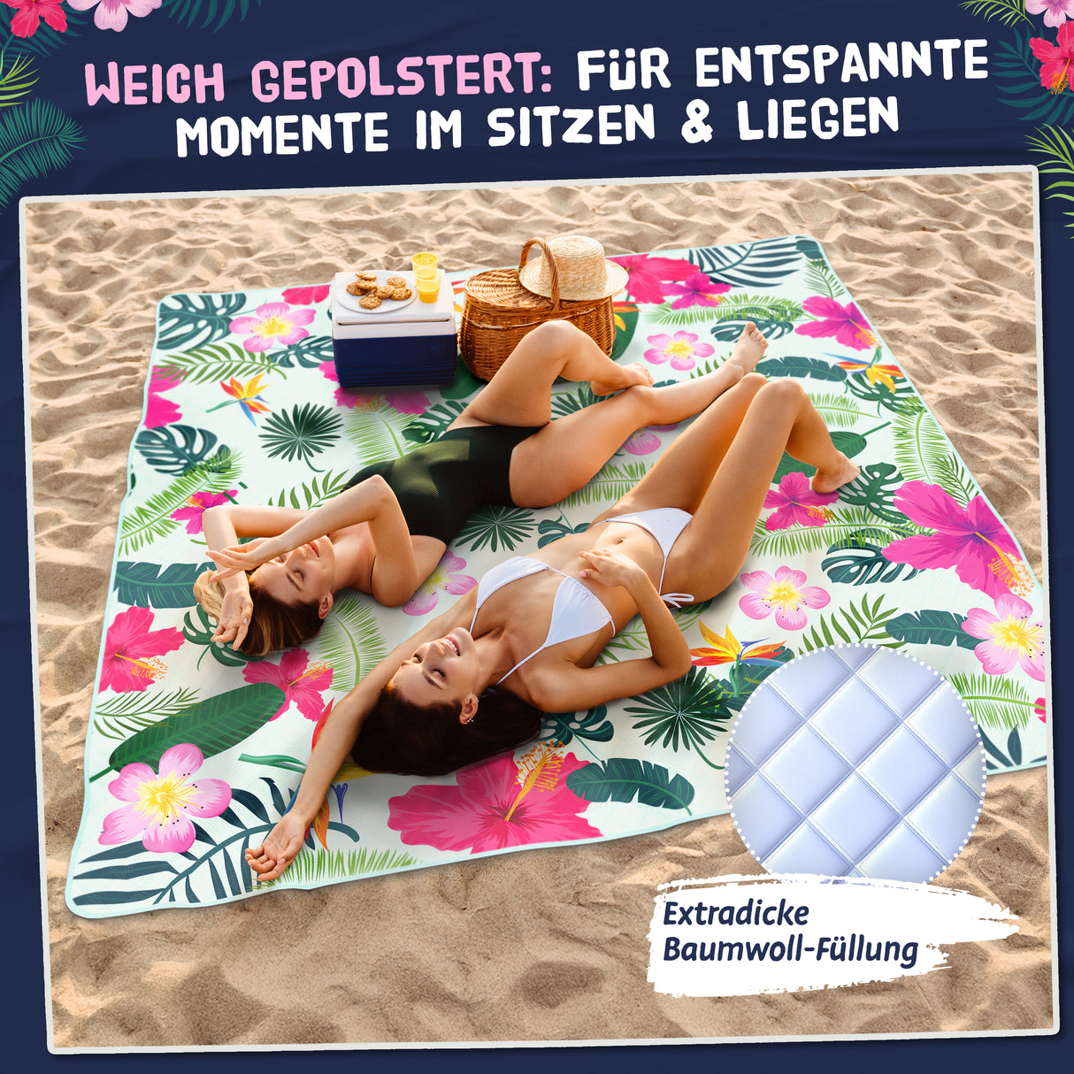 Bobby Beach Picknickdecke wasserdicht | Stranddecke sandfrei Strandmatte gepolstert & extra weich | Strandtuch XXL Camping Zubehör Picknickdecke 200x200