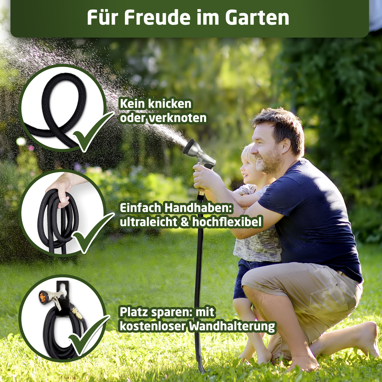 WALDNER Flexibler Profi-Gartenschlauch flexibel | Multifunktions-Brause | flex Wasserschlauch Schrumpfschlauch Garten | Wandhalterung Wasserhahn Adapter Gardena kompatibel | schwarz dehnbar 22,5m