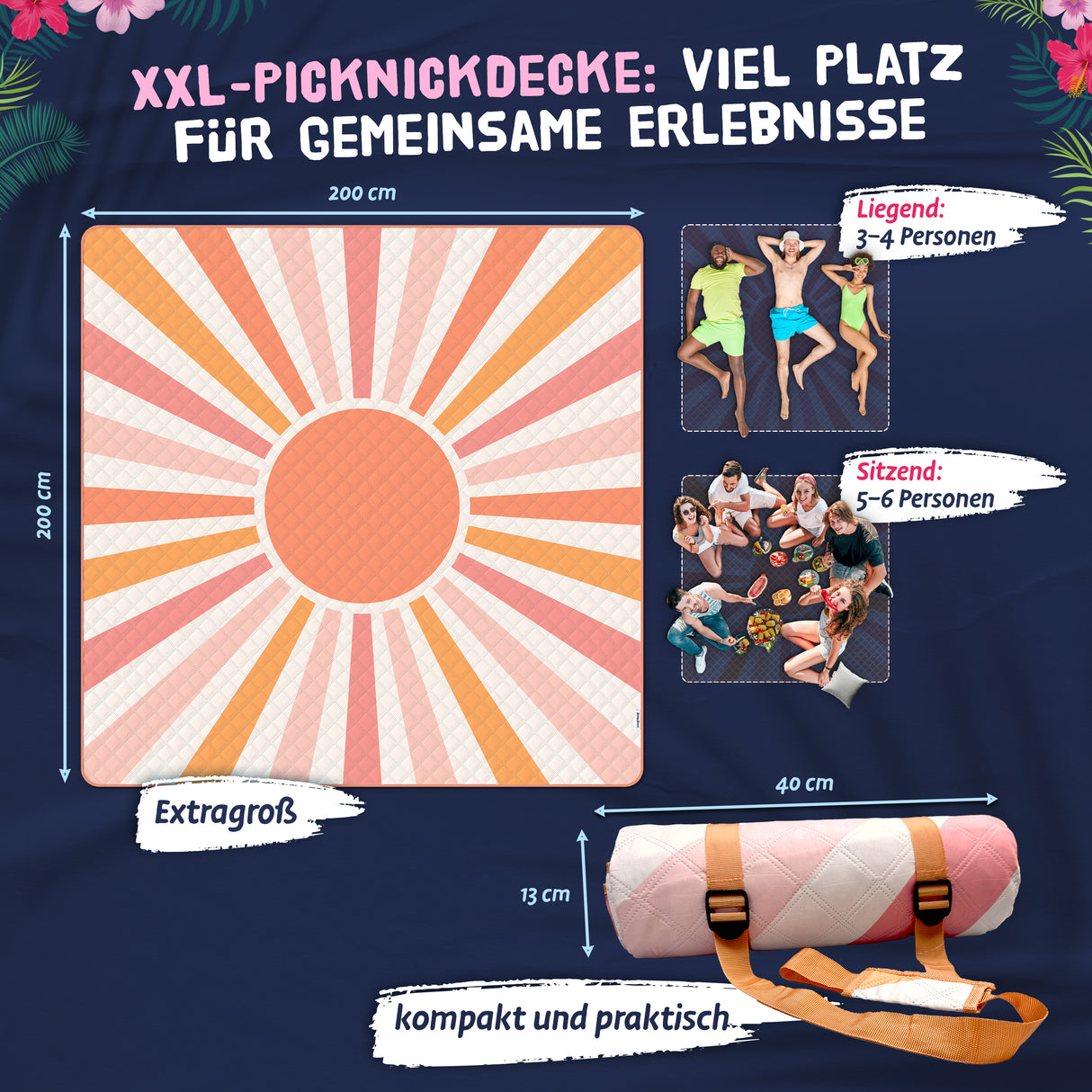 Bobby Beach Picknickdecke wasserdicht | Stranddecke sandfrei Strandmatte gepolstert & extra weich | Strandtuch XXL Camping Zubehör Picknickdecke 200x200