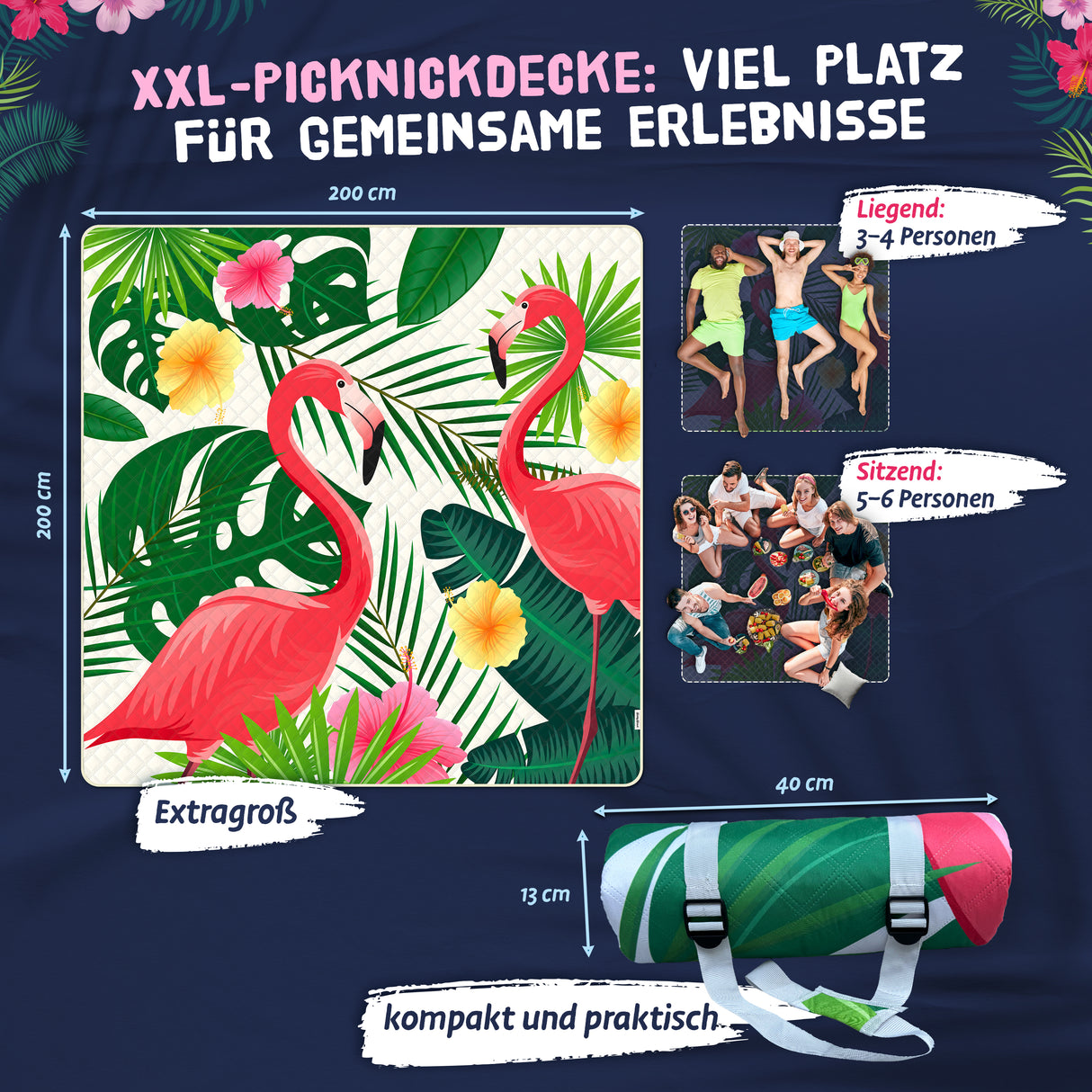 Bobby Beach Picknickdecke wasserdicht | Stranddecke sandfrei Strandmatte gepolstert & extra weich | Strandtuch XXL Camping Zubehör Picknickdecke 200x200