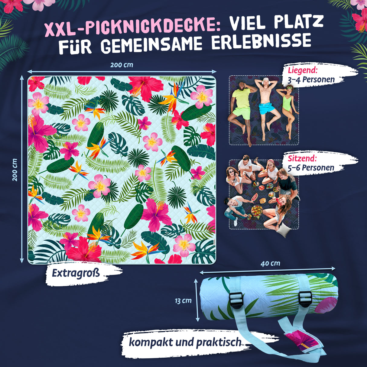 Bobby Beach Picknickdecke wasserabweisend | Stranddecke sandfrei Strandmatte gepolstert | Strandtuch XXL Camping Zubehör Picknickdecke 200x200