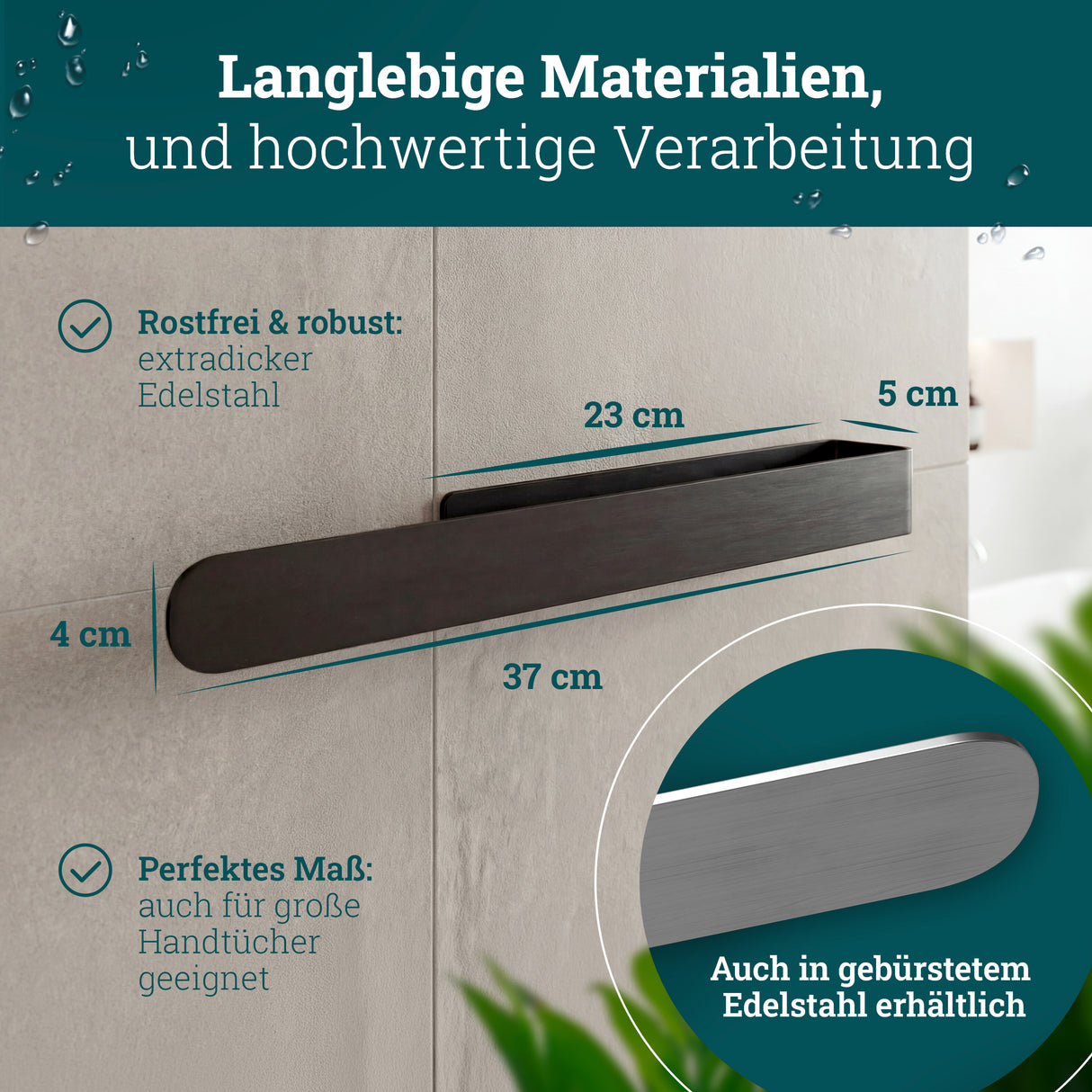 husman Handtuchhalter ohne Bohren | Edelstahl 37 cm | Handtuchstange zum Kleben für Bad & Küche | Handtuch Halterung Geschirrtuchhalter Spültuchhalter | Badezimmermöbel Badezimmer Deko