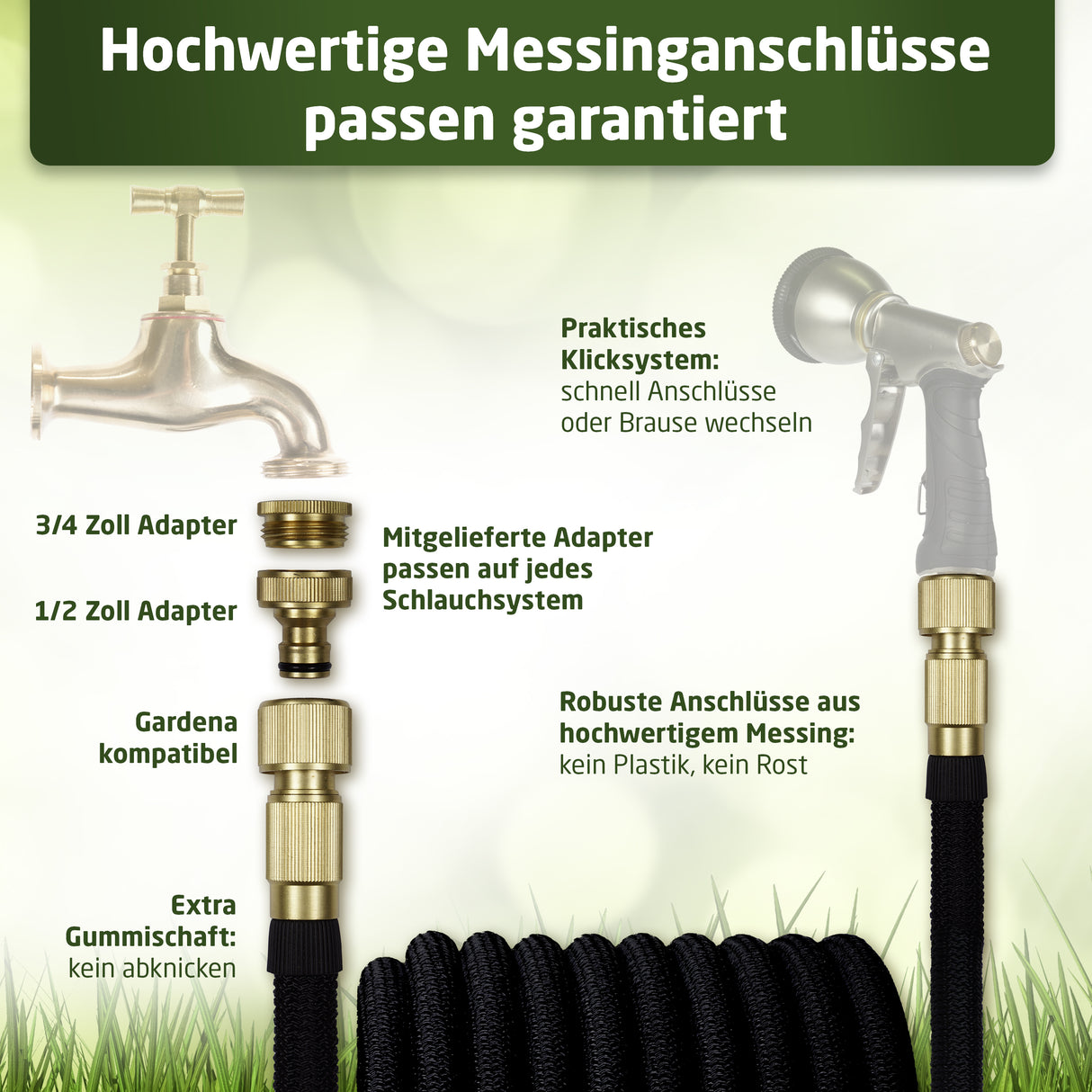 WALDNER Flexibler Profi-Gartenschlauch flexibel | Multifunktions-Brause | flex Wasserschlauch Schrumpfschlauch Garten | Wandhalterung Wasserhahn Adapter Gardena kompatibel | schwarz dehnbar 22,5m
