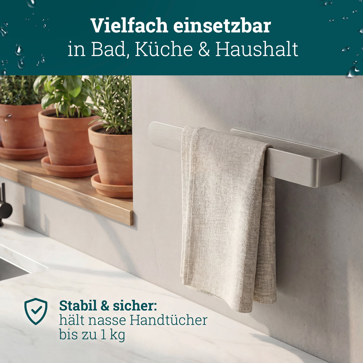 husman Handtuchhalter ohne Bohren | Edelstahl 37 cm | Handtuchstange zum Kleben für Bad & Küche | Handtuch Halterung Geschirrtuchhalter Spültuchhalter | Badezimmermöbel Badezimmer Deko