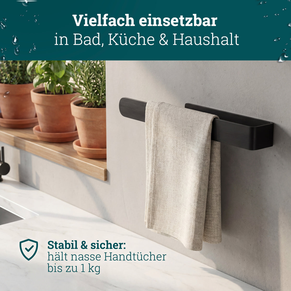 husman Handtuchhalter ohne Bohren | Edelstahl 37 cm | Handtuchstange zum Kleben für Bad & Küche | Handtuch Halterung Geschirrtuchhalter Spültuchhalter | Badezimmermöbel Badezimmer Deko