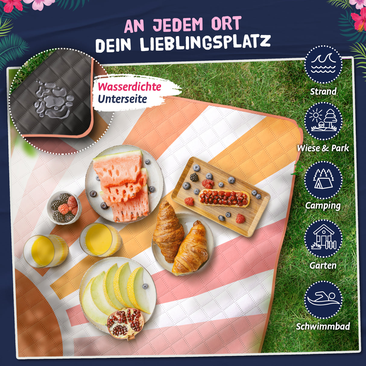 Bobby Beach Picknickdecke wasserdicht | Stranddecke sandfrei Strandmatte gepolstert & extra weich | Strandtuch XXL Camping Zubehör Picknickdecke 200x200
