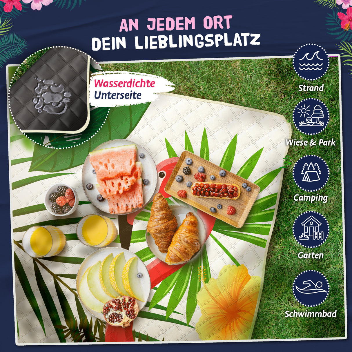 Bobby Beach Picknickdecke wasserdicht | Stranddecke sandfrei Strandmatte gepolstert & extra weich | Strandtuch XXL Camping Zubehör Picknickdecke 200x200