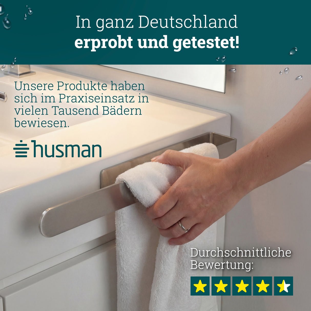 husman Handtuchhalter ohne Bohren | Edelstahl 37 cm | Handtuchstange zum Kleben für Bad & Küche | Handtuch Halterung Geschirrtuchhalter Spültuchhalter | Badezimmermöbel Badezimmer Deko