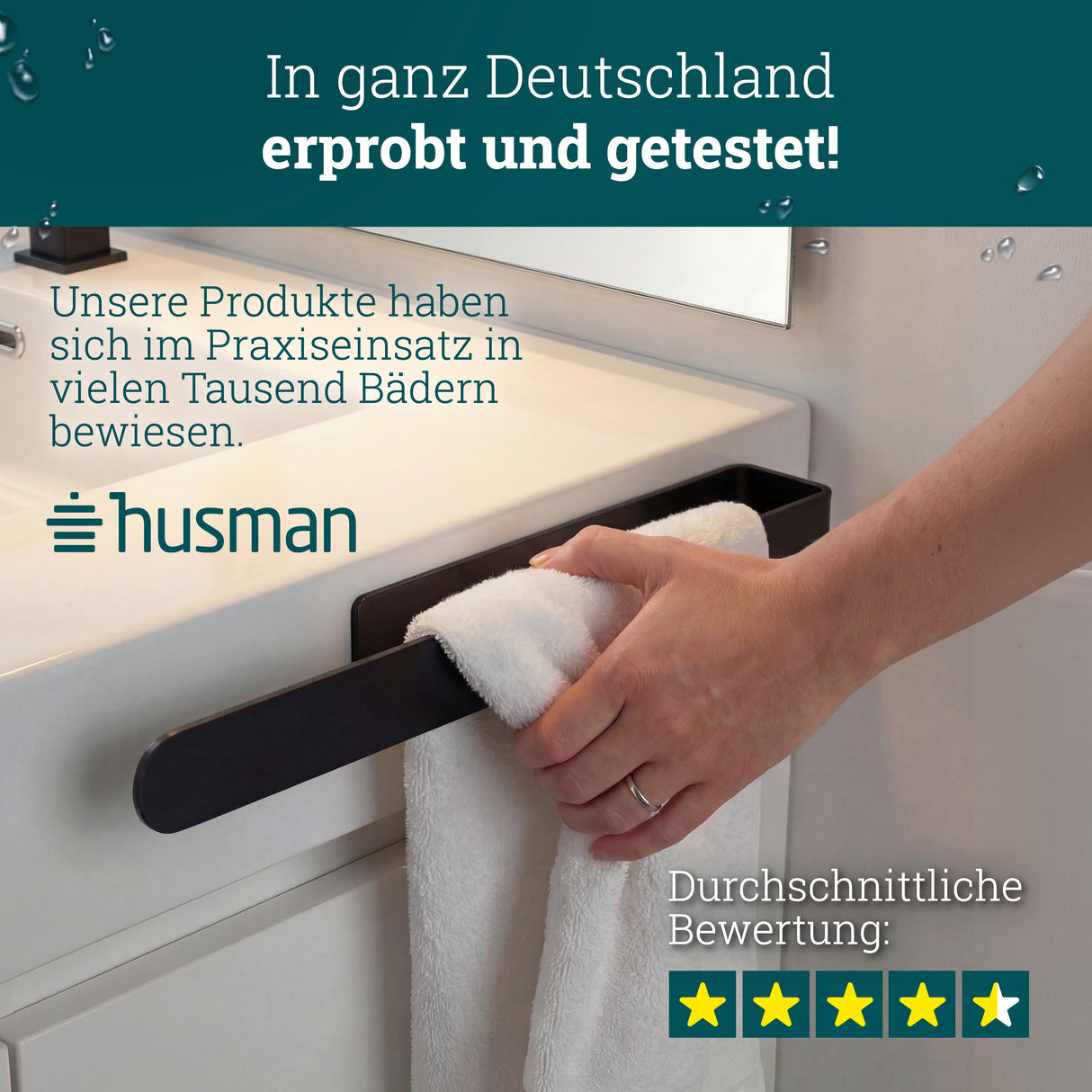 husman Handtuchhalter ohne Bohren | Edelstahl 37 cm | Handtuchstange zum Kleben für Bad & Küche | Handtuch Halterung Geschirrtuchhalter Spültuchhalter | Badezimmermöbel Badezimmer Deko