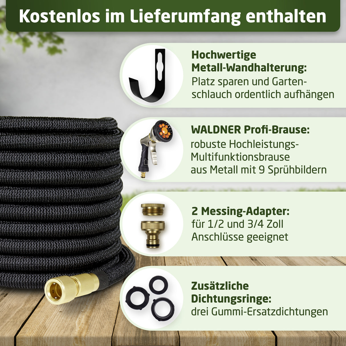 WALDNER Flexibler Profi-Gartenschlauch flexibel | Multifunktions-Brause | flex Wasserschlauch Schrumpfschlauch Garten | Wandhalterung Wasserhahn Adapter Gardena kompatibel | schwarz dehnbar 22,5m