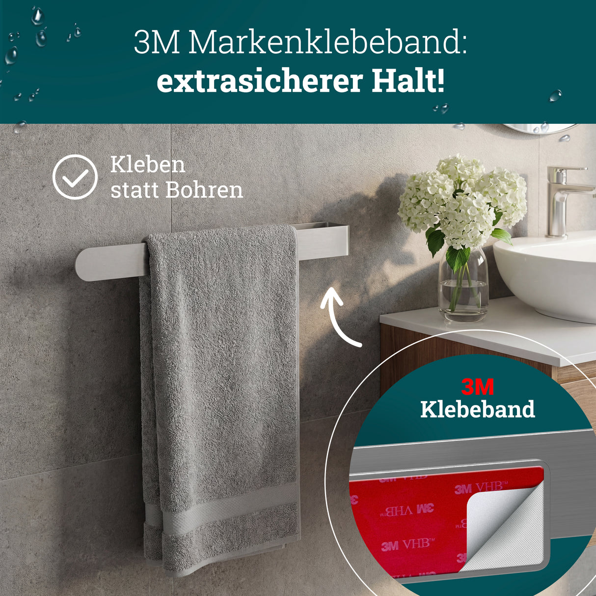 husman Handtuchhalter ohne Bohren | Edelstahl 37 cm | Handtuchstange zum Kleben für Bad & Küche | Handtuch Halterung Geschirrtuchhalter Spültuchhalter | Badezimmermöbel Badezimmer Deko