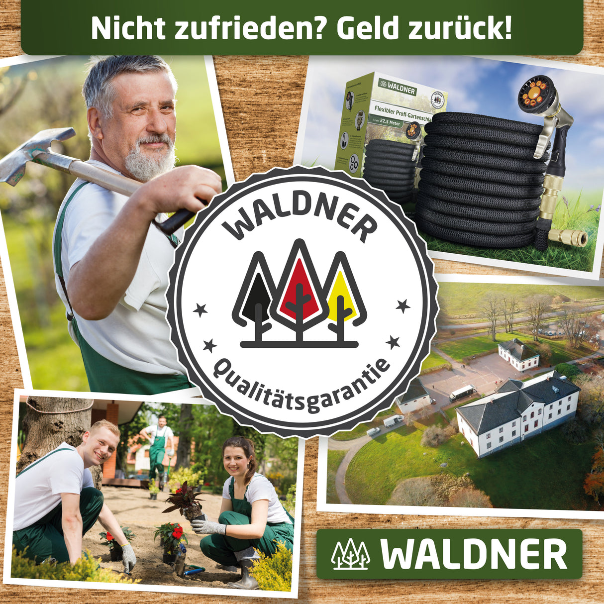 WALDNER Flexibler Profi-Gartenschlauch flexibel | Multifunktions-Brause | flex Wasserschlauch Schrumpfschlauch Garten | Wandhalterung Wasserhahn Adapter Gardena kompatibel | schwarz dehnbar 22,5m