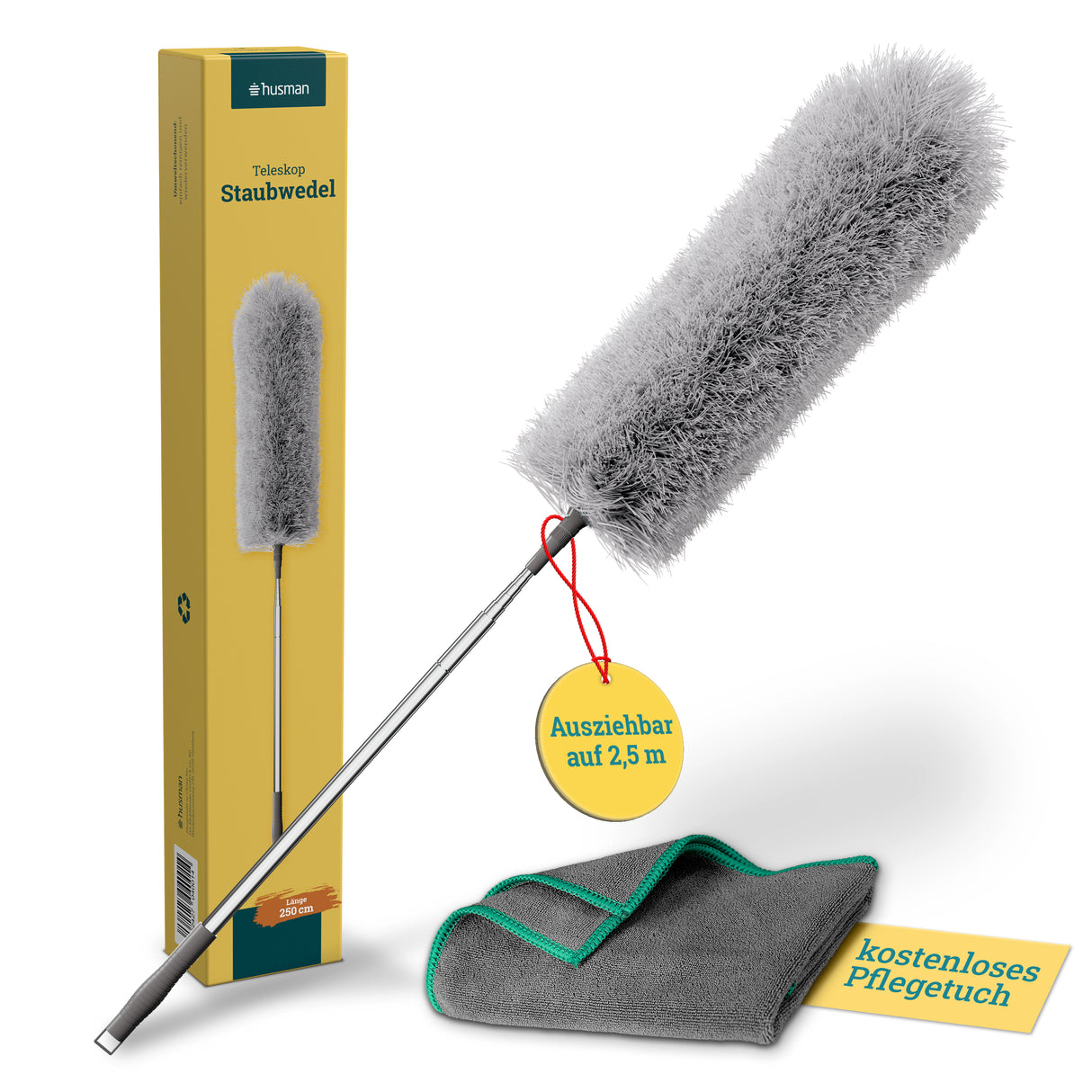 husman Teleskop Staubwedel | Staubwedel Teleskop extra lang bis 250 cm ausziehbar | Staubmagnet Staubwischer | Mikrofaser waschbar | Spinnenwebenentferner Staub Duster mit Teleskopstange Teleskopgriff