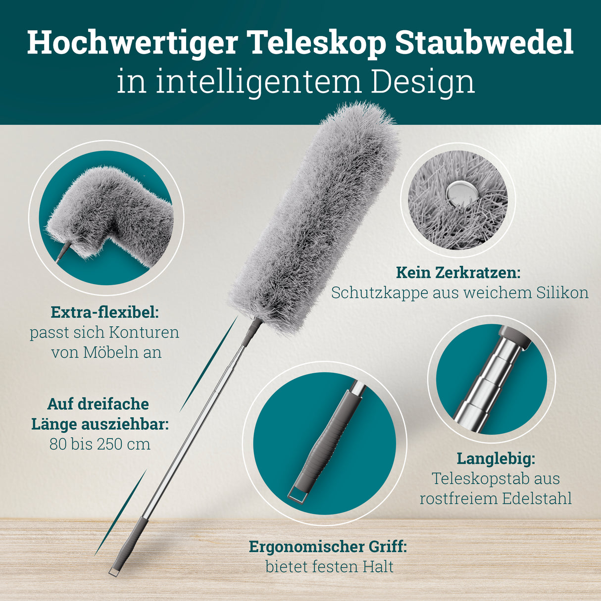 husman Teleskop Staubwedel | Staubwedel Teleskop extra lang bis 250 cm ausziehbar | Staubmagnet Staubwischer | Mikrofaser waschbar | Spinnenwebenentferner Staub Duster mit Teleskopstange Teleskopgriff