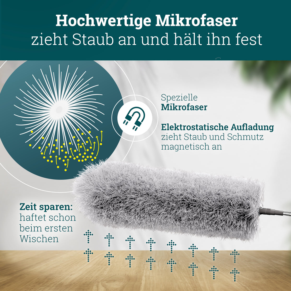 husman Teleskop Staubwedel | Staubwedel Teleskop extra lang bis 250 cm ausziehbar | Staubmagnet Staubwischer | Mikrofaser waschbar | Spinnenwebenentferner Staub Duster mit Teleskopstange Teleskopgriff