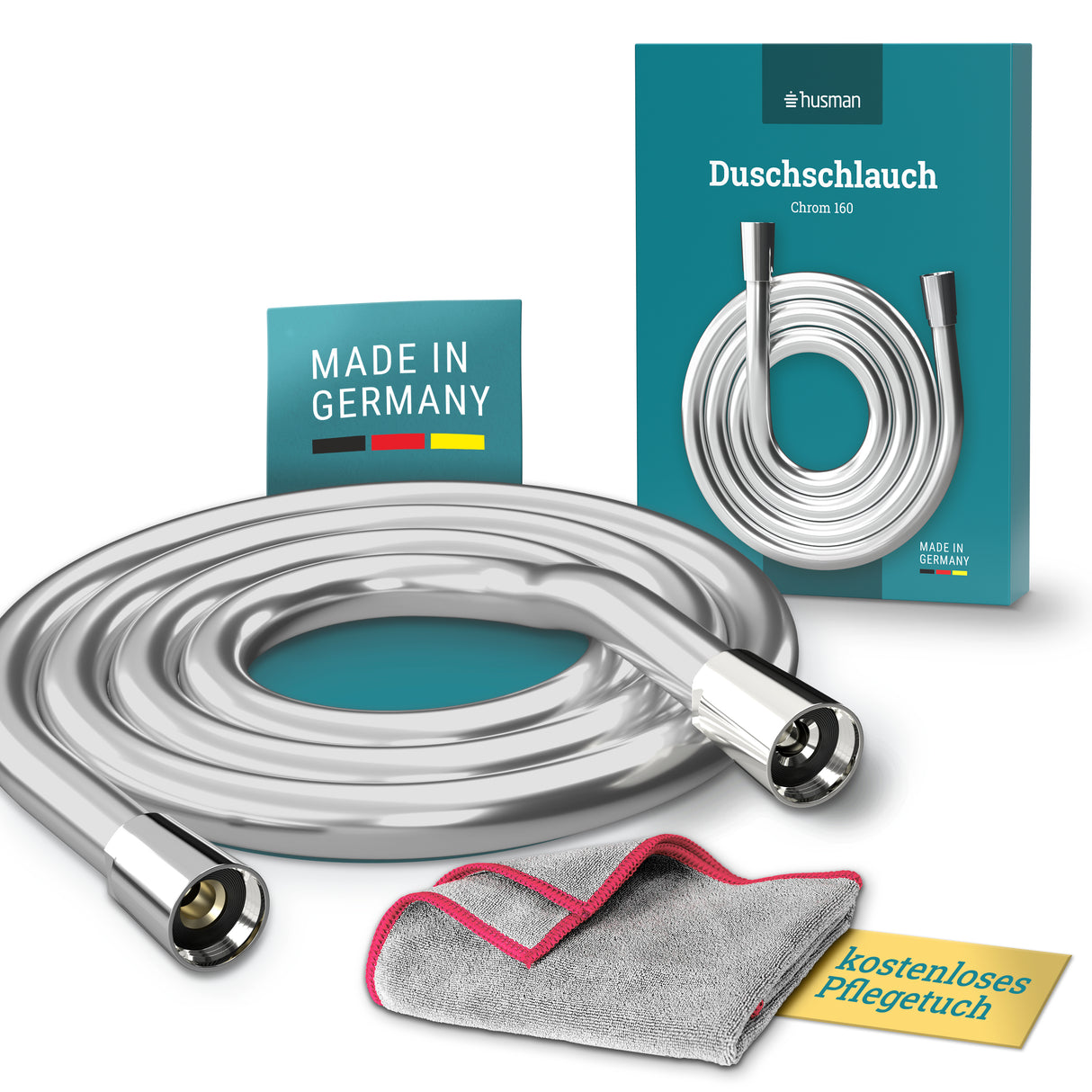 husman Duschschlauch Chrom 1,60 m | Made in Germany | Verdrehschutz | Kunststoff Brauseschlauch mit Chromoberfläche Metalloptik | elastisch flexibel kompatibel mit hansgrohe Duschkopf