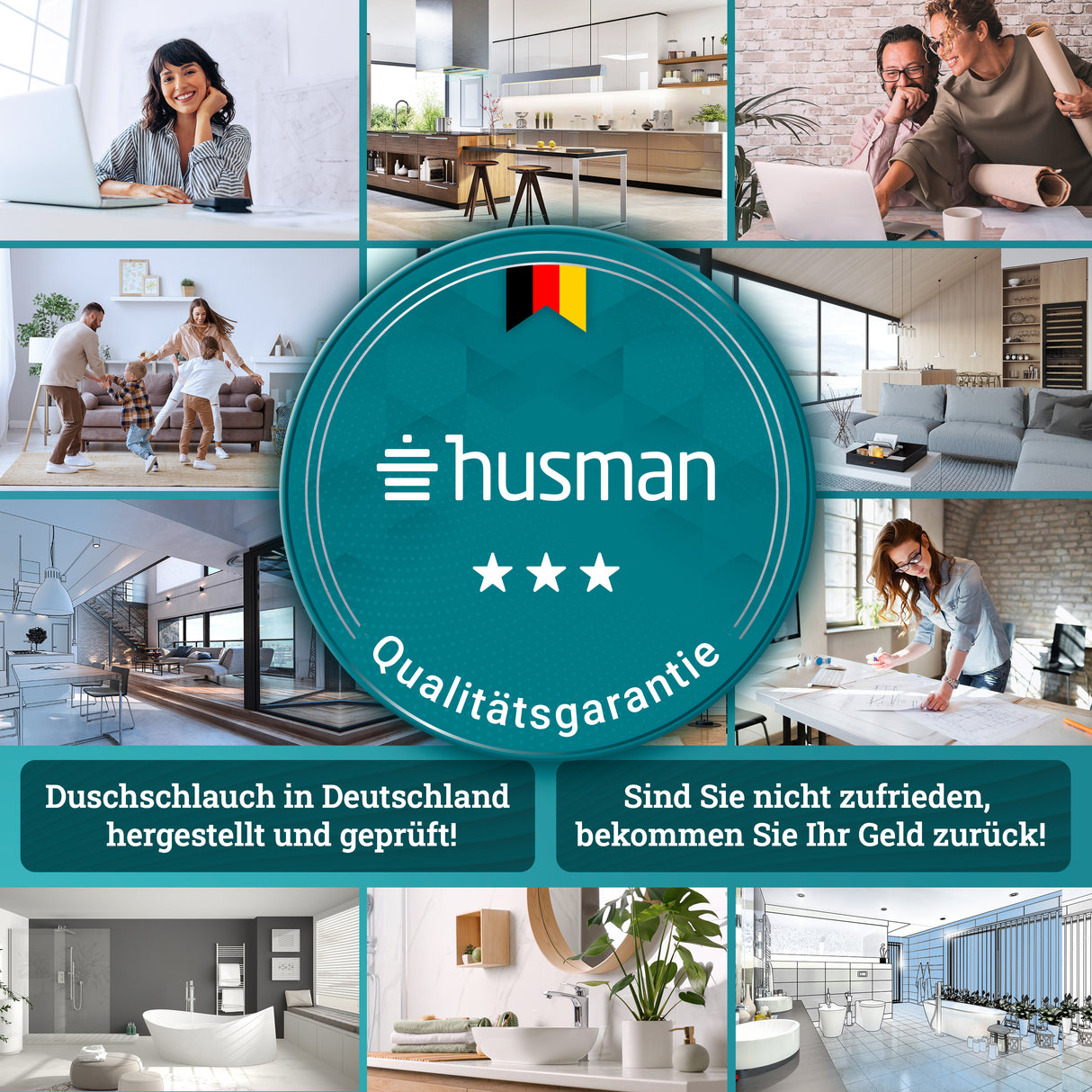husman Duschschlauch Chrom 1,60 m | Made in Germany | Verdrehschutz | Kunststoff Brauseschlauch mit Chromoberfläche Metalloptik | elastisch flexibel kompatibel mit hansgrohe Duschkopf