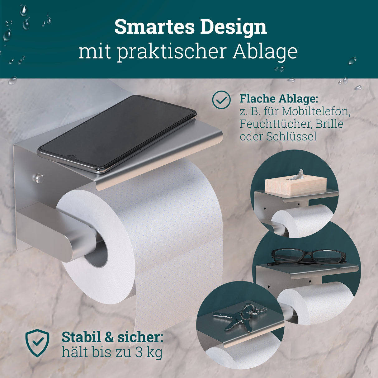 husman Toilettenpapierhalter ohne Bohren | hochwertiger Klorollenhalter aus gebürstetem Edelstahl mit Ablage | Toilettenpapierhalter Klopapierhalter ohne Bohren WC Papier Halterung