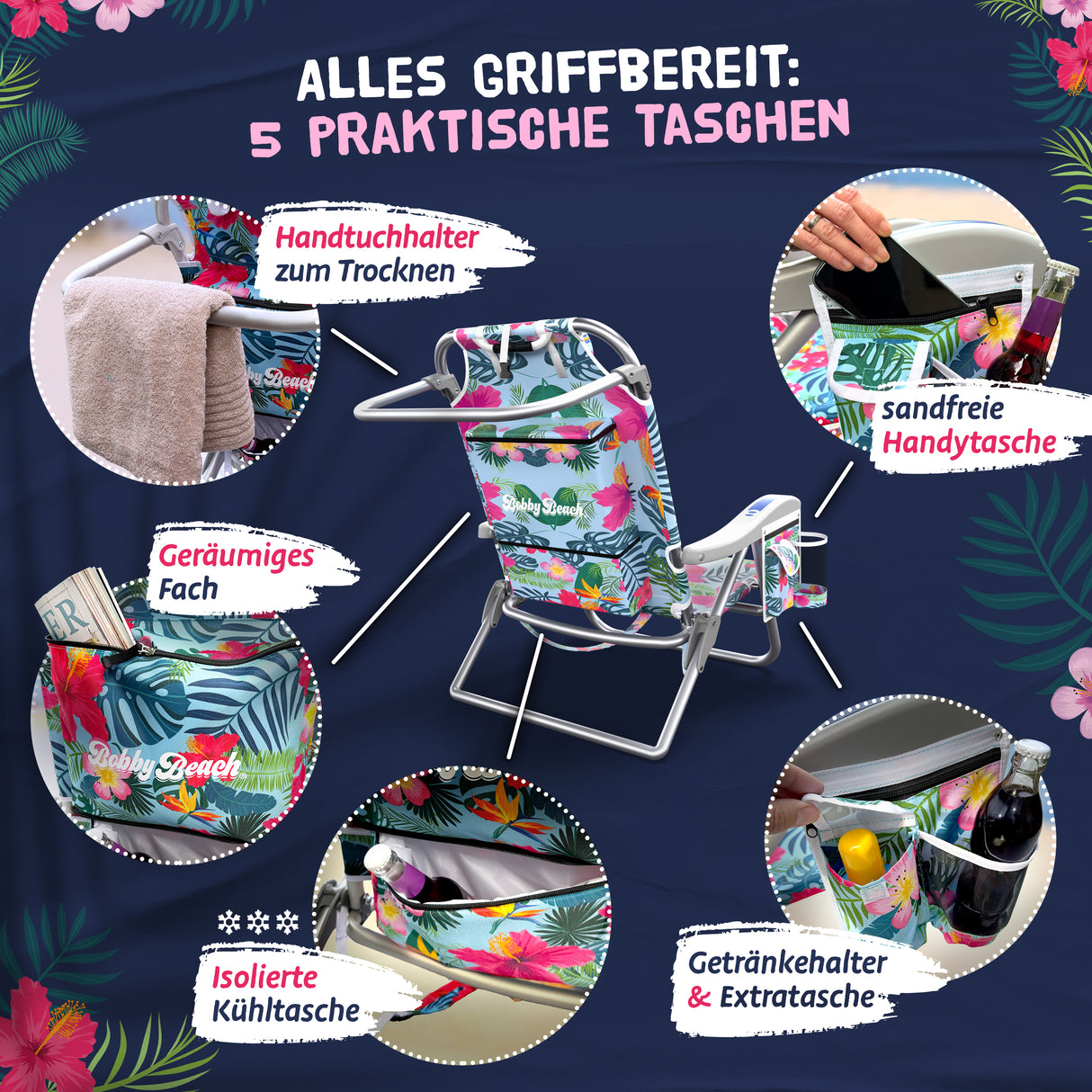 Bobby Beach Strandstuhl | Klappstuhl & Strandliege klappbar leicht als Rucksack zu tragen | Campingstuhl faltbar mit Getränkehalter & Taschen | Liege & Liegestuhl klappbar