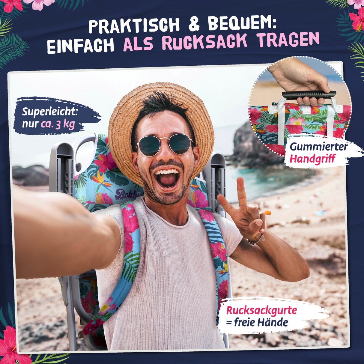 Bobby Beach Strandstuhl | Klappstuhl & Strandliege klappbar leicht als Rucksack zu tragen | Campingstuhl faltbar mit Getränkehalter & Taschen | Liege & Liegestuhl klappbar