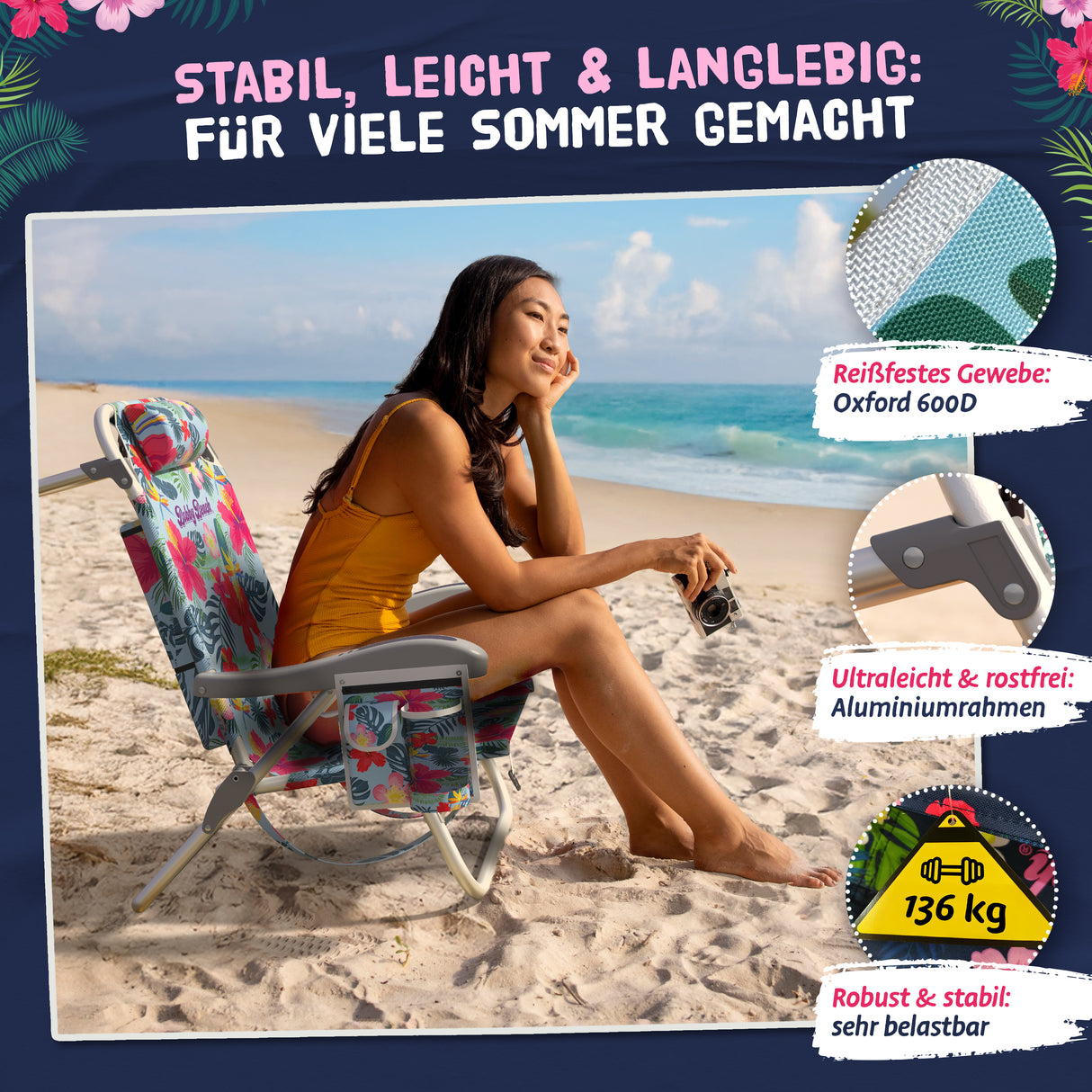 Bobby Beach Strandstuhl | Klappstuhl & Strandliege klappbar leicht als Rucksack zu tragen | Campingstuhl faltbar mit Getränkehalter & Taschen | Liege & Liegestuhl klappbar