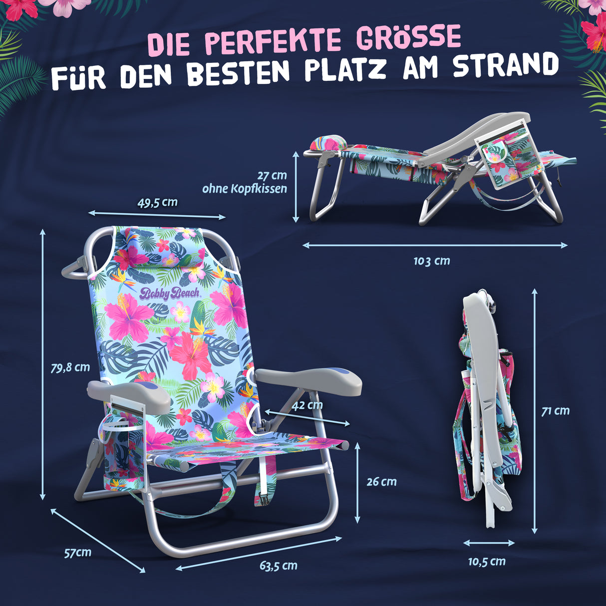 Bobby Beach Strandstuhl | Klappstuhl & Strandliege klappbar leicht als Rucksack zu tragen | Campingstuhl faltbar mit Getränkehalter & Taschen | Liege & Liegestuhl klappbar