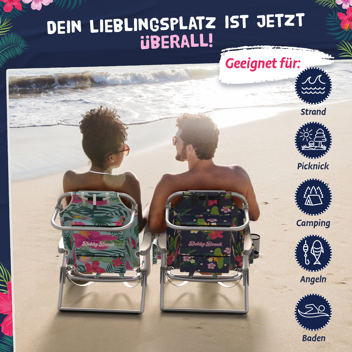 Bobby Beach Strandstuhl | Klappstuhl & Strandliege klappbar leicht als Rucksack zu tragen | Campingstuhl faltbar mit Getränkehalter & Taschen | Liege & Liegestuhl klappbar