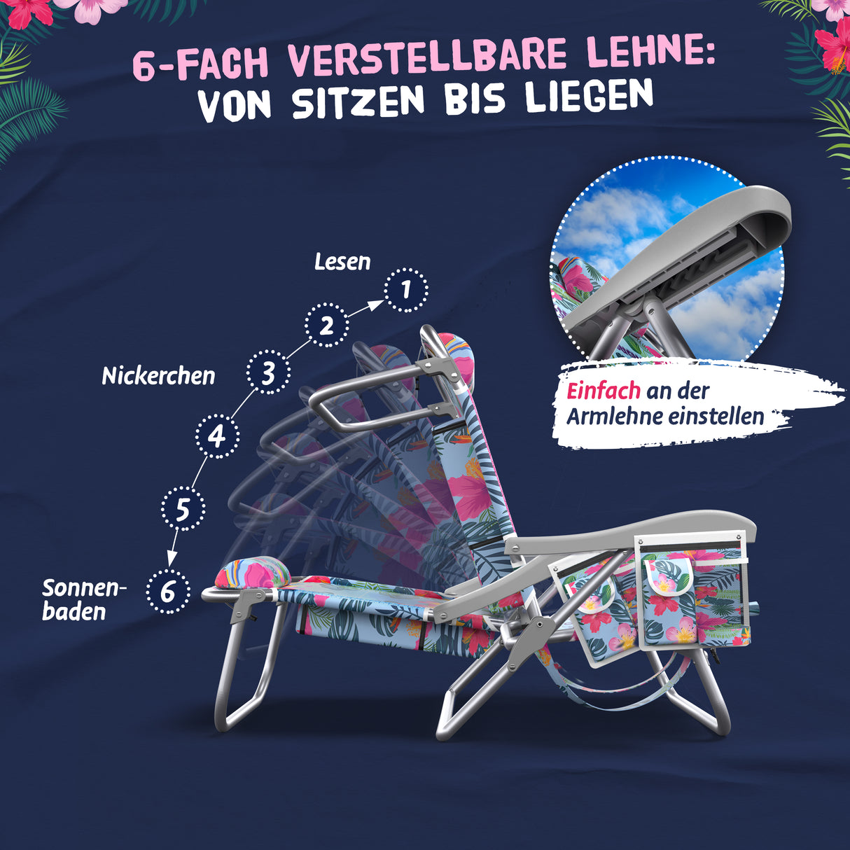 Bobby Beach Strandstuhl | Klappstuhl & Strandliege klappbar leicht als Rucksack zu tragen | Campingstuhl faltbar mit Getränkehalter & Taschen | Liege & Liegestuhl klappbar