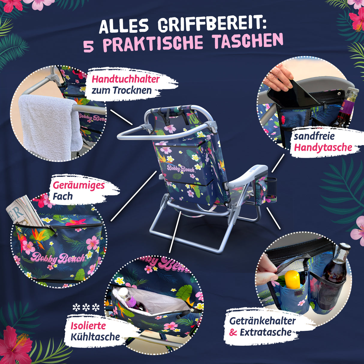 Bobby Beach Strandstuhl | Klappstuhl & Strandliege klappbar leicht als Rucksack zu tragen | Campingstuhl faltbar mit Getränkehalter & Taschen | Liege & Liegestuhl klappbar