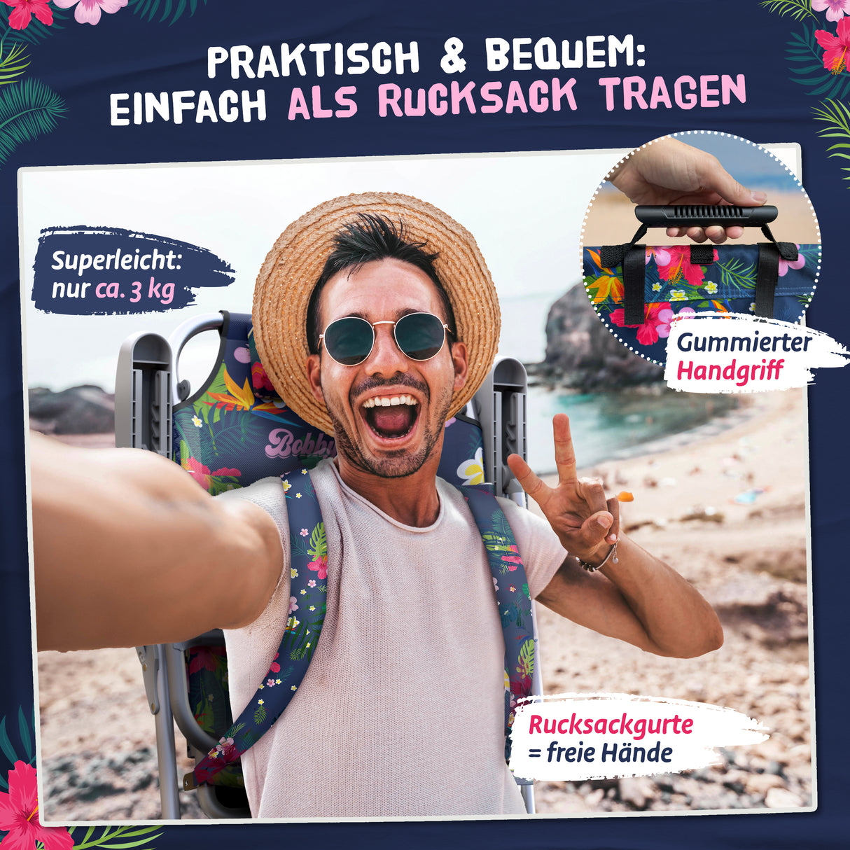 Bobby Beach Strandstuhl | Klappstuhl & Strandliege klappbar leicht als Rucksack zu tragen | Campingstuhl faltbar mit Getränkehalter & Taschen | Liege & Liegestuhl klappbar