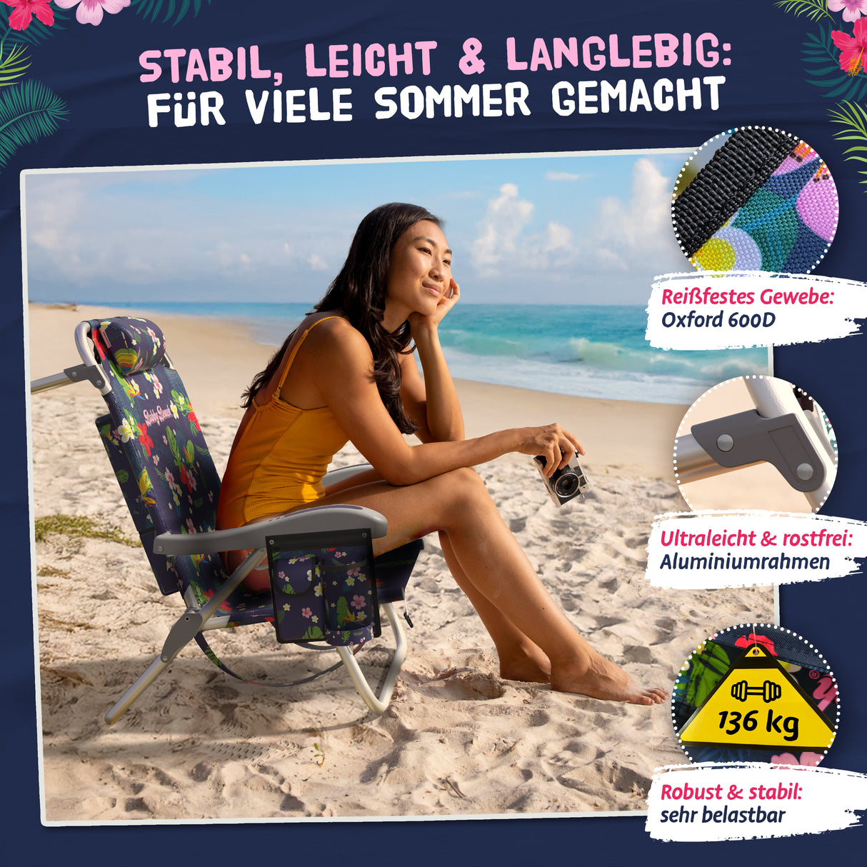 Bobby Beach Strandstuhl | Klappstuhl & Strandliege klappbar leicht als Rucksack zu tragen | Campingstuhl faltbar mit Getränkehalter & Taschen | Liege & Liegestuhl klappbar