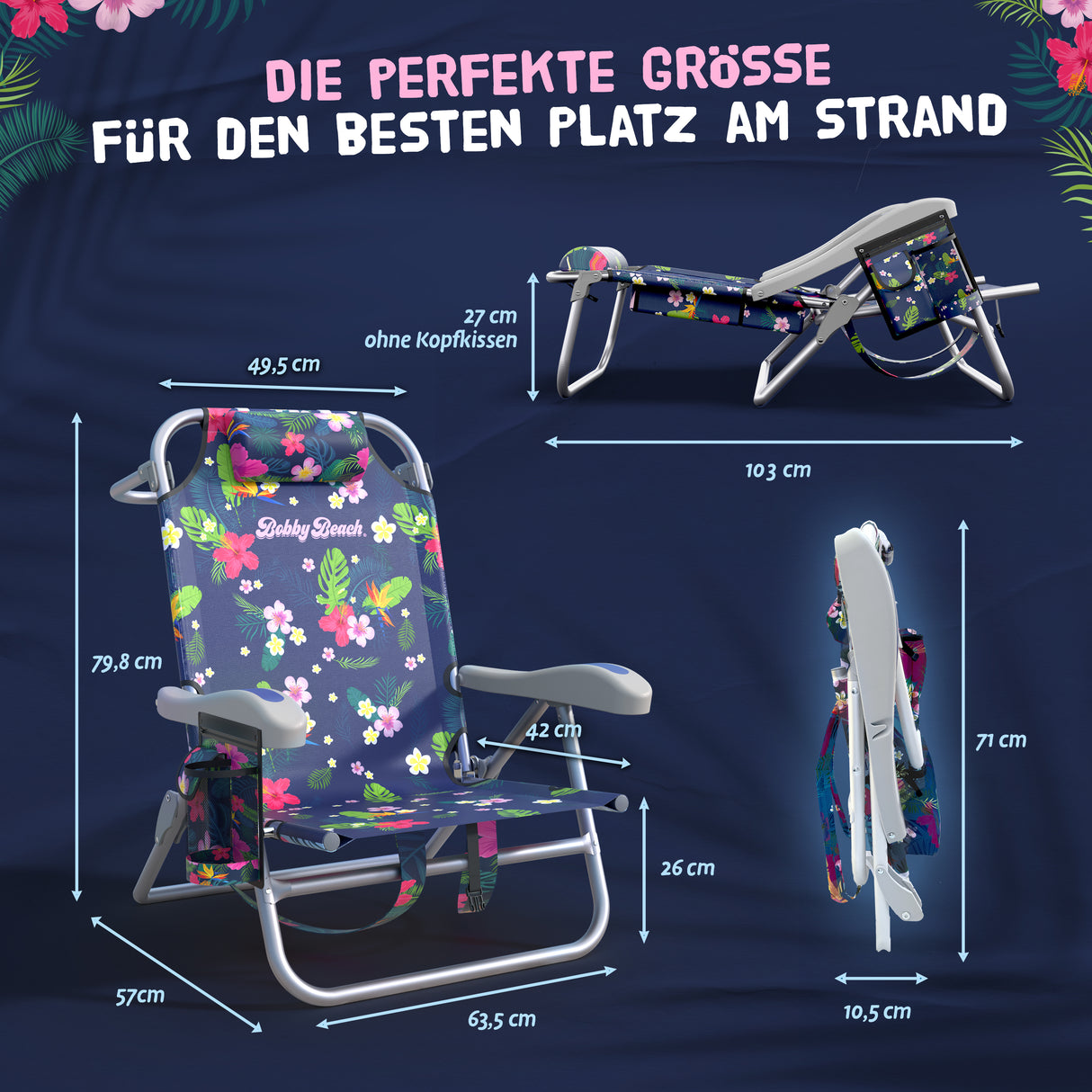Bobby Beach Strandstuhl | Klappstuhl & Strandliege klappbar leicht als Rucksack zu tragen | Campingstuhl faltbar mit Getränkehalter & Taschen | Liege & Liegestuhl klappbar