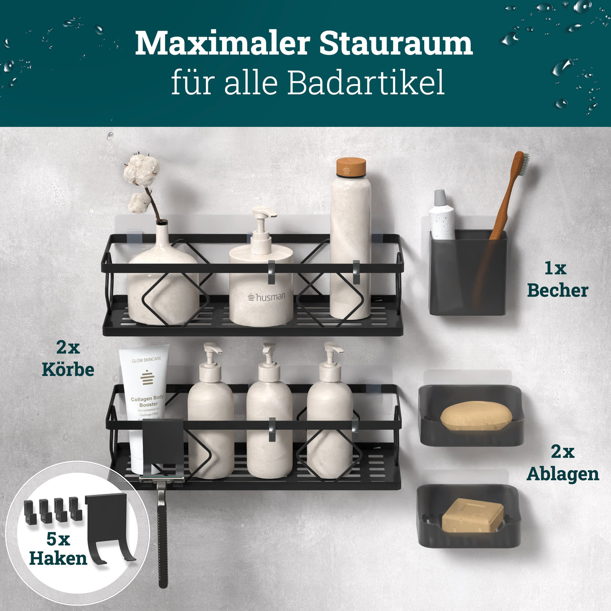 husman Duschablage-Set ohne Bohren | 10-teilig mit Ablaufrillen | Kleben statt Bohren | Duschkorb Wandregal Duschregal Badregal Deko Badezimmer Organizer Regal für Bad & Küche