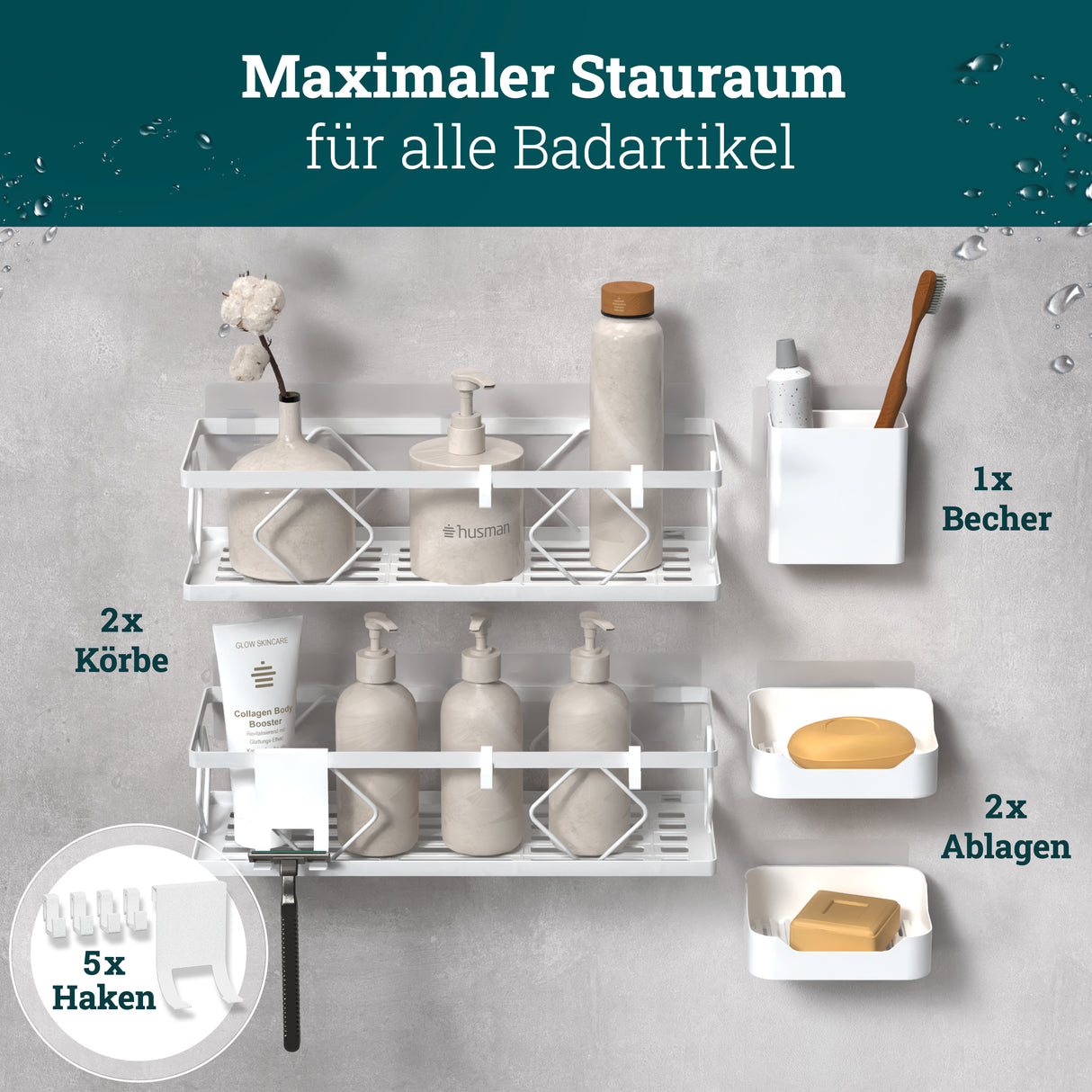 husman Duschablage-Set ohne Bohren | 10-teilig mit Ablaufrillen | Kleben statt Bohren | Duschkorb Wandregal Duschregal Badregal Deko Badezimmer Organizer Regal für Bad & Küche