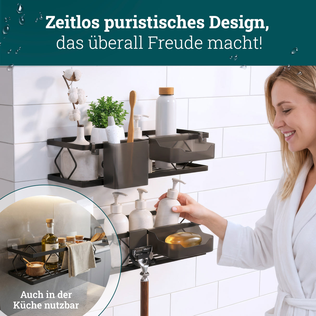 husman Duschablage-Set ohne Bohren | 10-teilig mit Ablaufrillen | Kleben statt Bohren | Duschkorb Wandregal Duschregal Badregal Deko Badezimmer Organizer Regal für Bad & Küche