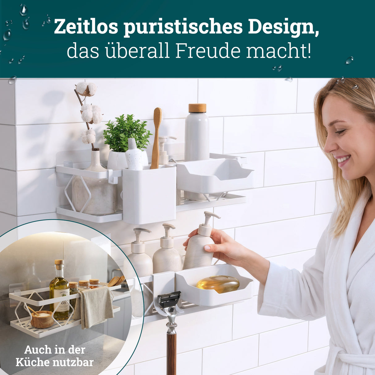 husman Duschablage-Set ohne Bohren | 10-teilig mit Ablaufrillen | Kleben statt Bohren | Duschkorb Wandregal Duschregal Badregal Deko Badezimmer Organizer Regal für Bad & Küche