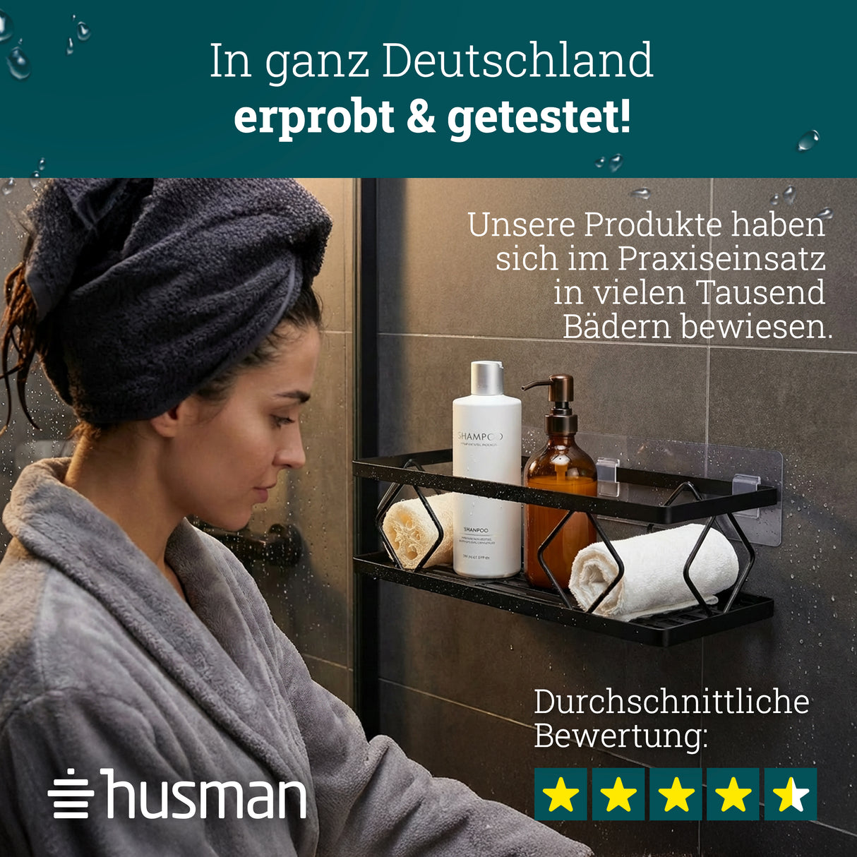husman Duschablage-Set ohne Bohren | 10-teilig mit Ablaufrillen | Kleben statt Bohren | Duschkorb Wandregal Duschregal Badregal Deko Badezimmer Organizer Regal für Bad & Küche