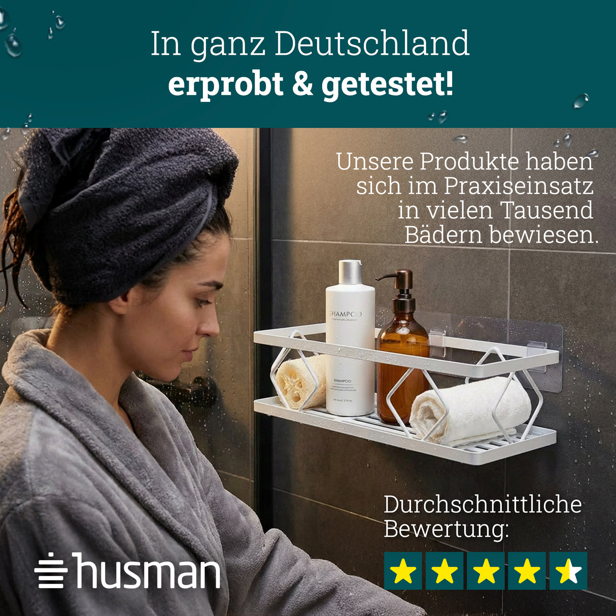 husman Duschablage-Set ohne Bohren | 10-teilig mit Ablaufrillen | Kleben statt Bohren | Duschkorb Wandregal Duschregal Badregal Deko Badezimmer Organizer Regal für Bad & Küche