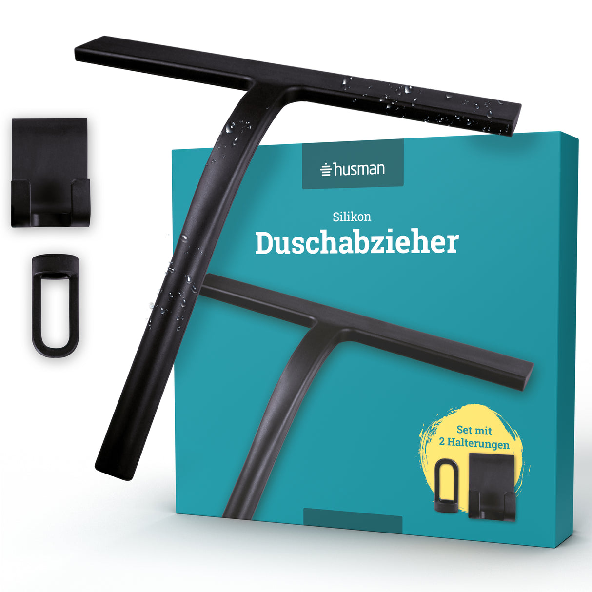 husman Silikon Duschabzieher schwarz | Abzieher Dusche Badezimmer Zubehör | Fensterabzieher Fensterwischer Set mit Halterung ohne Bohren für Duschwand | Fenster Scheibenabzieher Auto Bad Accessoires