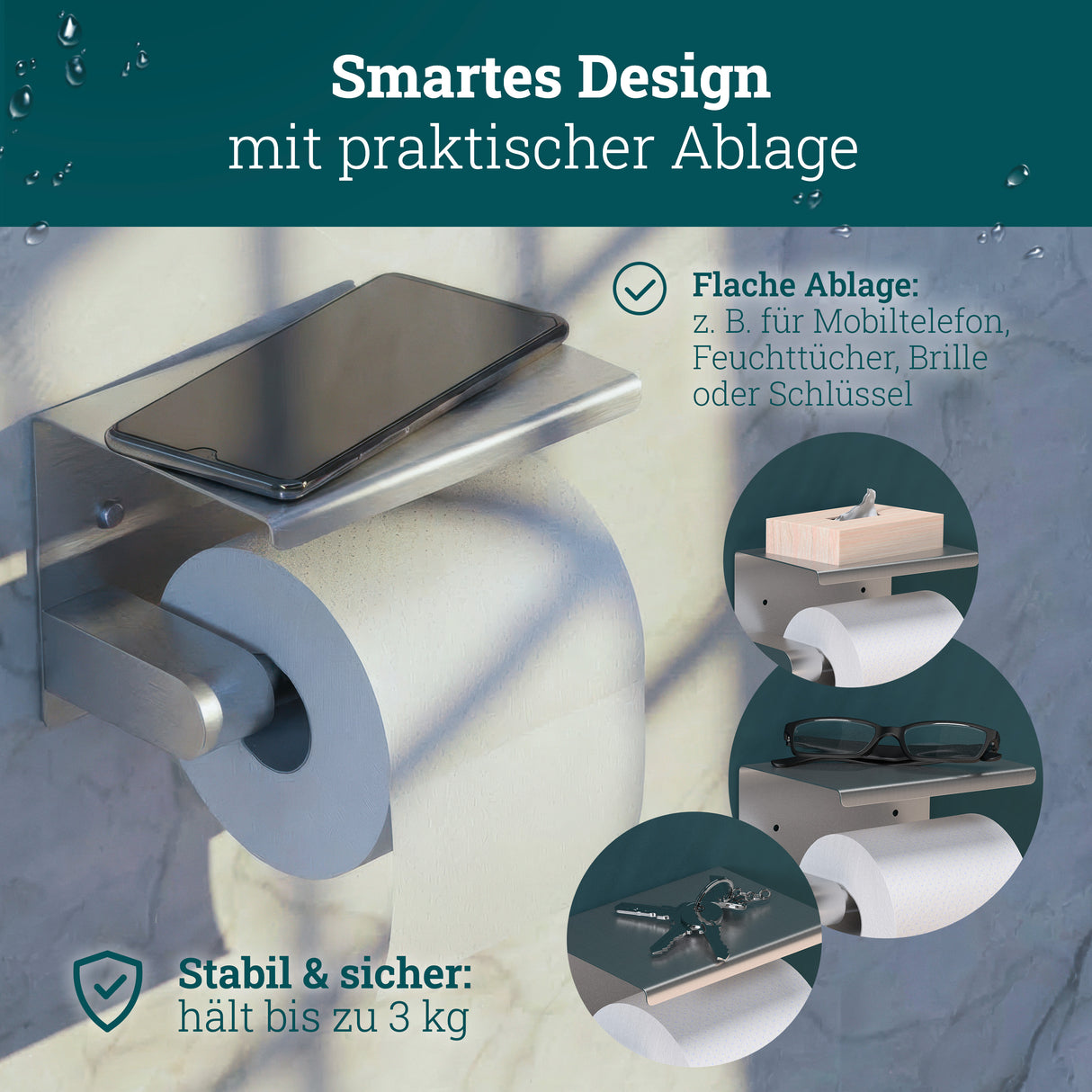 husman Toilettenpapierhalter ohne Bohren | hochwertiger Klorollenhalter aus gebürstetem Edelstahl mit Ablage | Toilettenpapierhalter Klopapierhalter ohne Bohren WC Papier Halterung