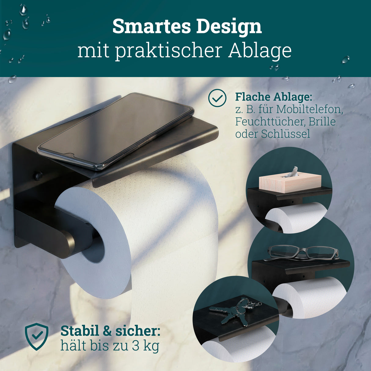 husman Toilettenpapierhalter ohne Bohren | hochwertiger Klorollenhalter aus gebürstetem Edelstahl mit Ablage | Toilettenpapierhalter Klopapierhalter ohne Bohren WC Papier Halterung