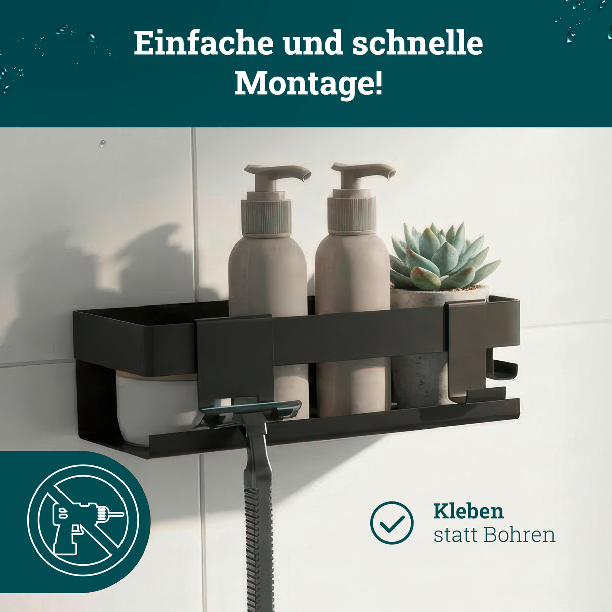 husman Duschablage ohne Bohren | Edelstahl mit Ablaufrillen & 3 Haken | Kleben statt Bohren | Duschkorb Wandregal Duschregal Badregal Deko Badezimmer Organizer Regal für Bad & Küche