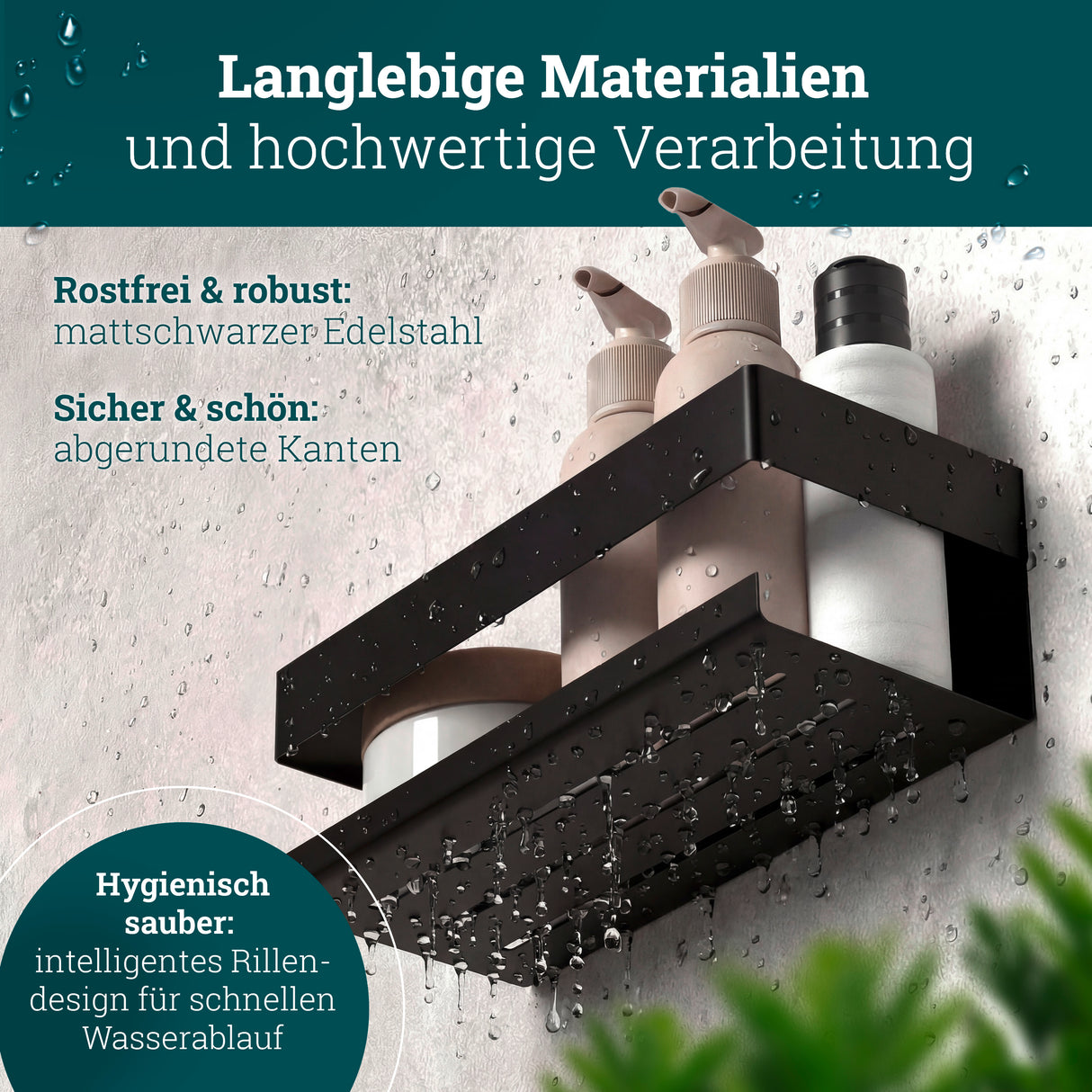 husman Duschablage ohne Bohren | Edelstahl mit Ablaufrillen & 3 Haken | Kleben statt Bohren | Duschkorb Wandregal Duschregal Badregal Deko Badezimmer Organizer Regal für Bad & Küche
