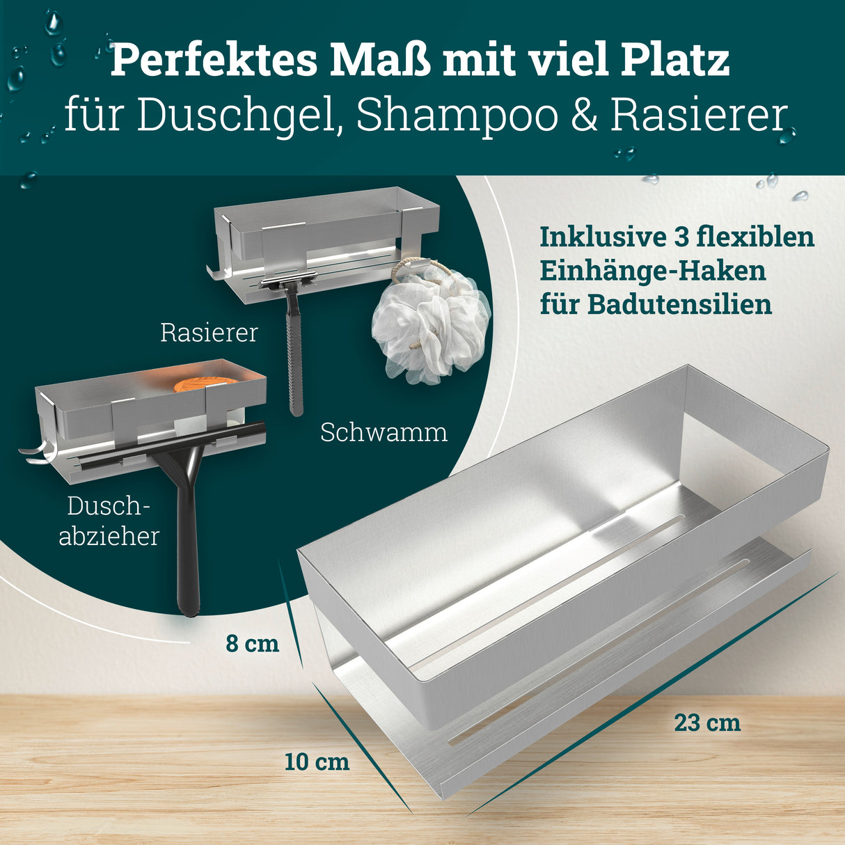 husman Duschablage ohne Bohren | Edelstahl mit Ablaufrillen & 3 Haken | Kleben statt Bohren | Duschkorb Wandregal Duschregal Badregal Deko Badezimmer Organizer Regal für Bad & Küche