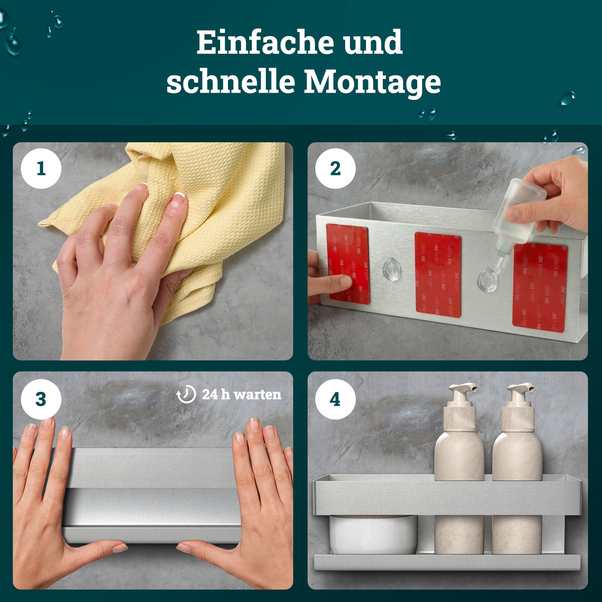 husman Duschablage ohne Bohren | Edelstahl mit Ablaufrillen & 3 Haken | Kleben statt Bohren | Duschkorb Wandregal Duschregal Badregal Deko Badezimmer Organizer Regal für Bad & Küche