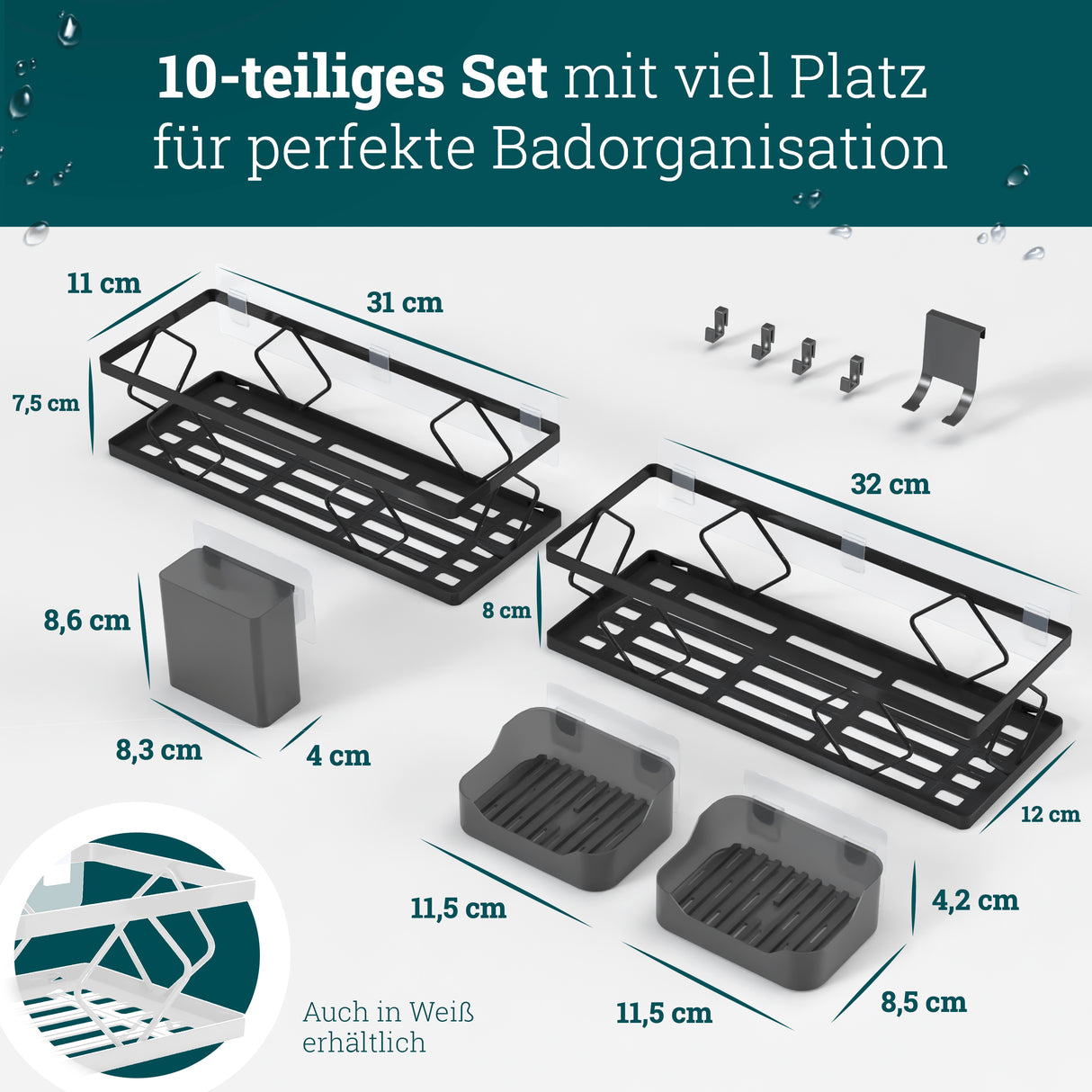 husman Duschablage-Set ohne Bohren | 10-teilig mit Ablaufrillen | Kleben statt Bohren | Duschkorb Wandregal Duschregal Badregal Deko Badezimmer Organizer Regal für Bad & Küche